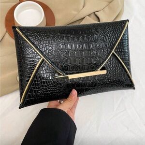 Elegant Black Crocodile-Embossed Clutch